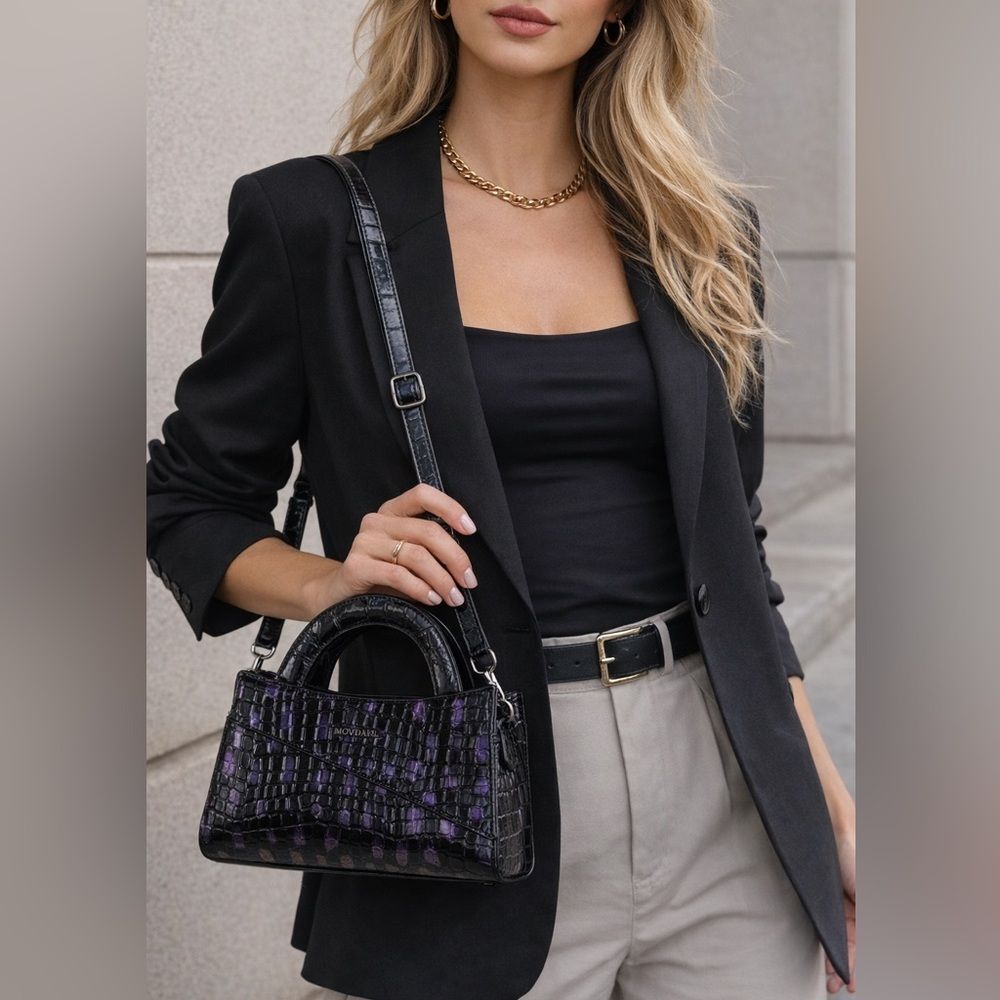 Movdarl Black Purple Croc Embossed Top Handle Shoulder Bag Structured